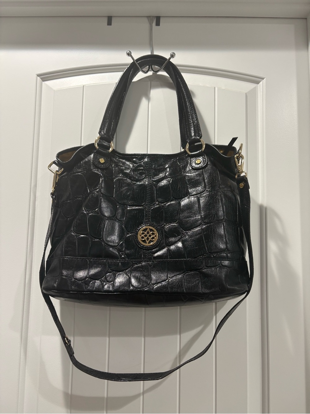 Antonio Melani Black Croc-Texture Tote Bag with Gold Accent